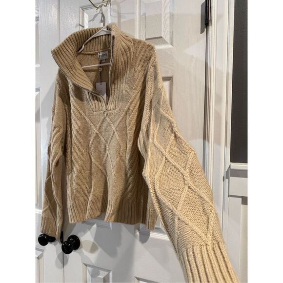 NWT SNDYS Jax Knit Cable Knit 1/4 Zip Up Cropped Cream Top Sweater Women’s L - Picture 14 of 16